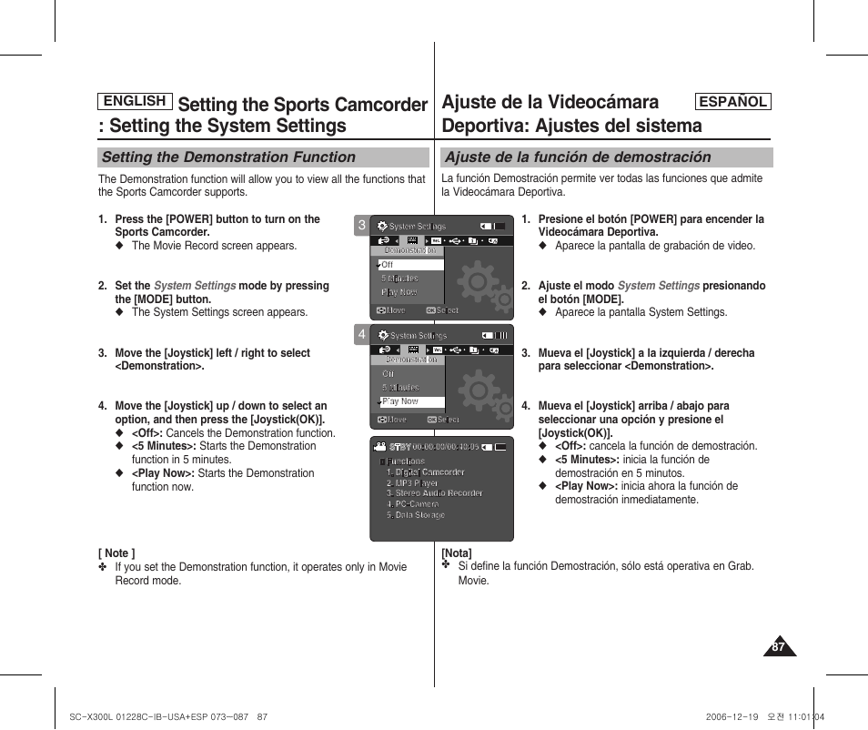 Setting the demonstration function, Ajuste de la función de demostración, English español | Samsung SC-X300L-XAA User Manual | Page 87 / 116