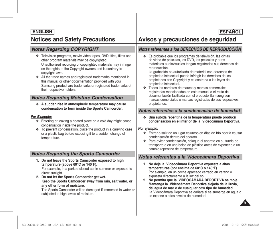 Notices and safety precautions, Avisos y precauciones de seguridad | Samsung SC-X300L-XAA User Manual | Page 9 / 116