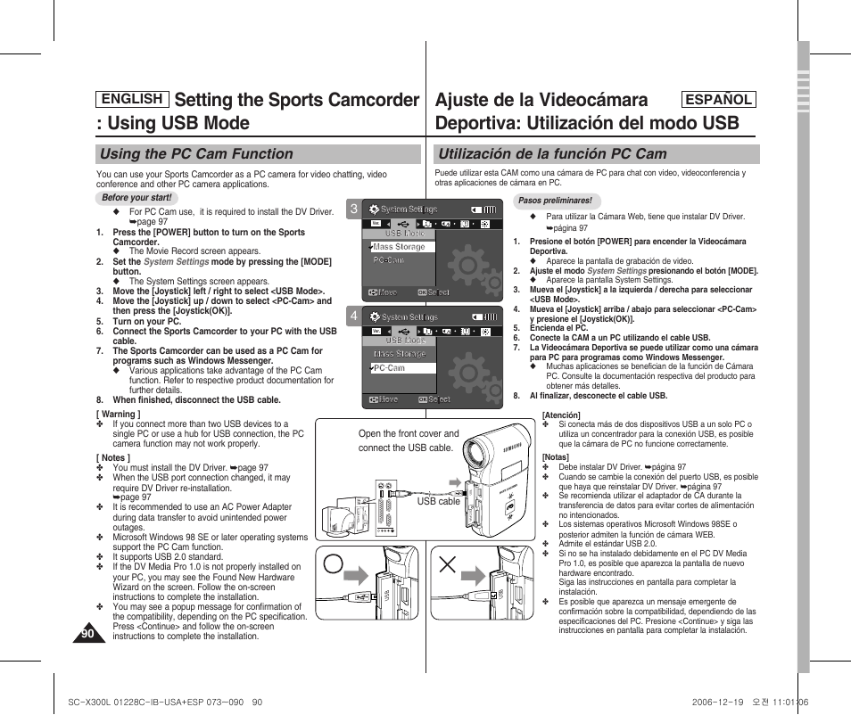 Setting the sports camcorder : using usb mode, Using the pc cam function, Utilización de la función pc cam | English español | Samsung SC-X300L-XAA User Manual | Page 90 / 116