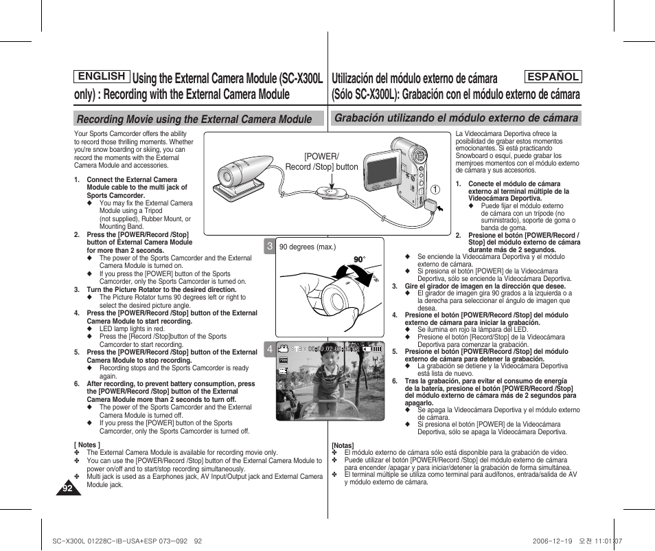 Recording movie using the external camera module, Grabación utilizando el módulo externo de cámara, English español | Hold | Samsung SC-X300L-XAA User Manual | Page 92 / 116