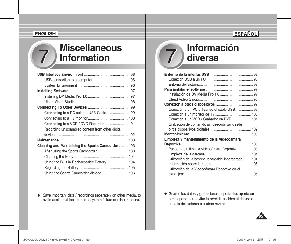 Miscellaneous information, Información diversa | Samsung SC-X300L-XAA User Manual | Page 95 / 116