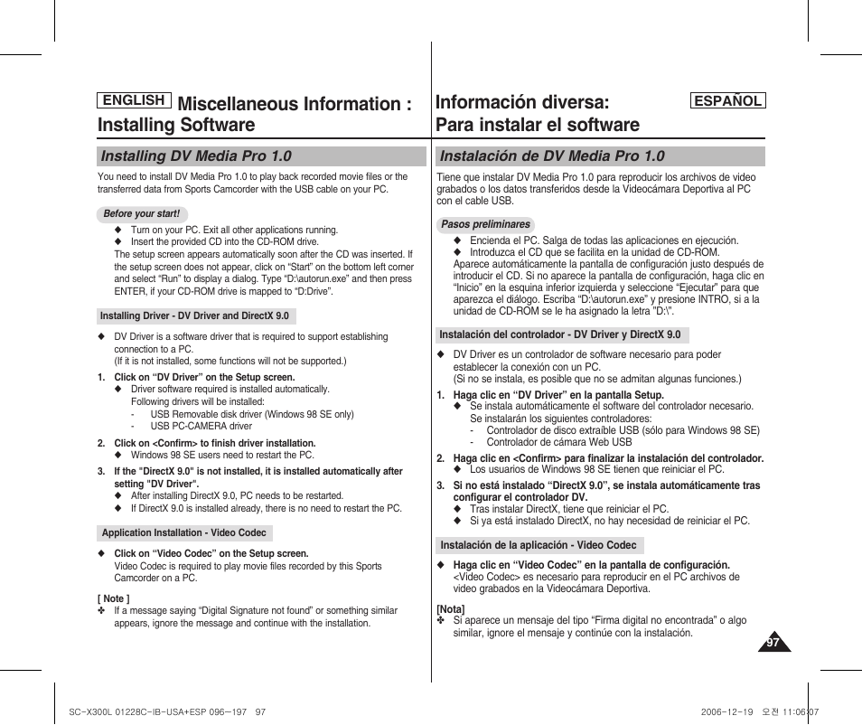 Miscellaneous information : installing software, Información diversa: para instalar el software, Installing dv media pro 1.0 | Instalación de dv media pro 1.0 | Samsung SC-X300L-XAA User Manual | Page 97 / 116