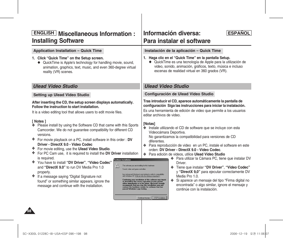 Miscellaneous information : installing software, Información diversa: para instalar el software | Samsung SC-X300L-XAA User Manual | Page 98 / 116