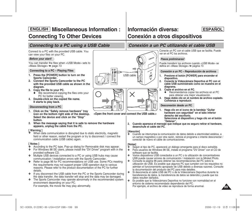 Información diversa: conexión a otros dispositivos, Connecting to a pc using a usb cable, Conexión a un pc utilizando el cable usb | English español | Samsung SC-X300L-XAA User Manual | Page 99 / 116