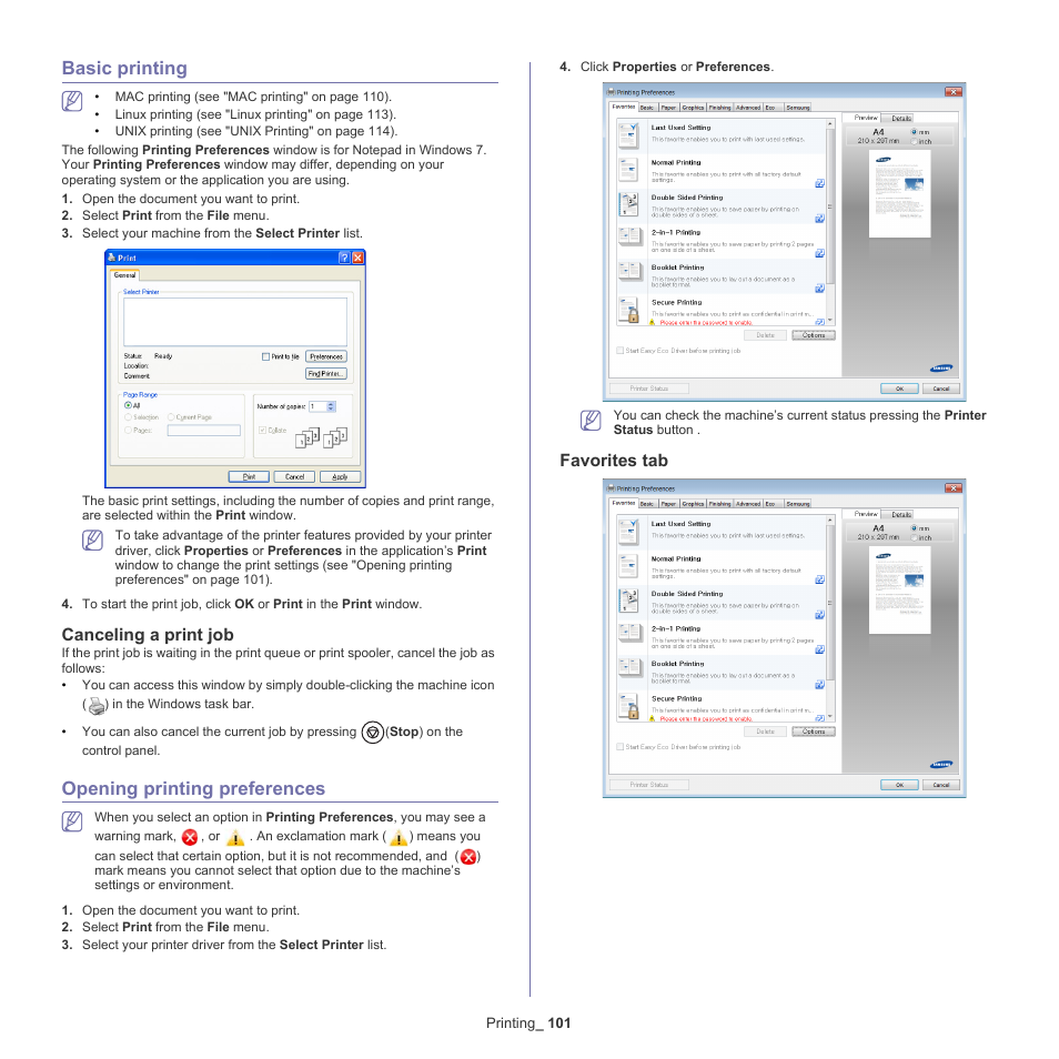 Basic printing, Canceling a print job, Opening printing preferences | Favorites tab, 101 basic printing 101, 101 opening printing preferences 101, See "opening printing, Ee "opening printing | Samsung SCX-8128NA-XAA User Manual | Page 101 / 178