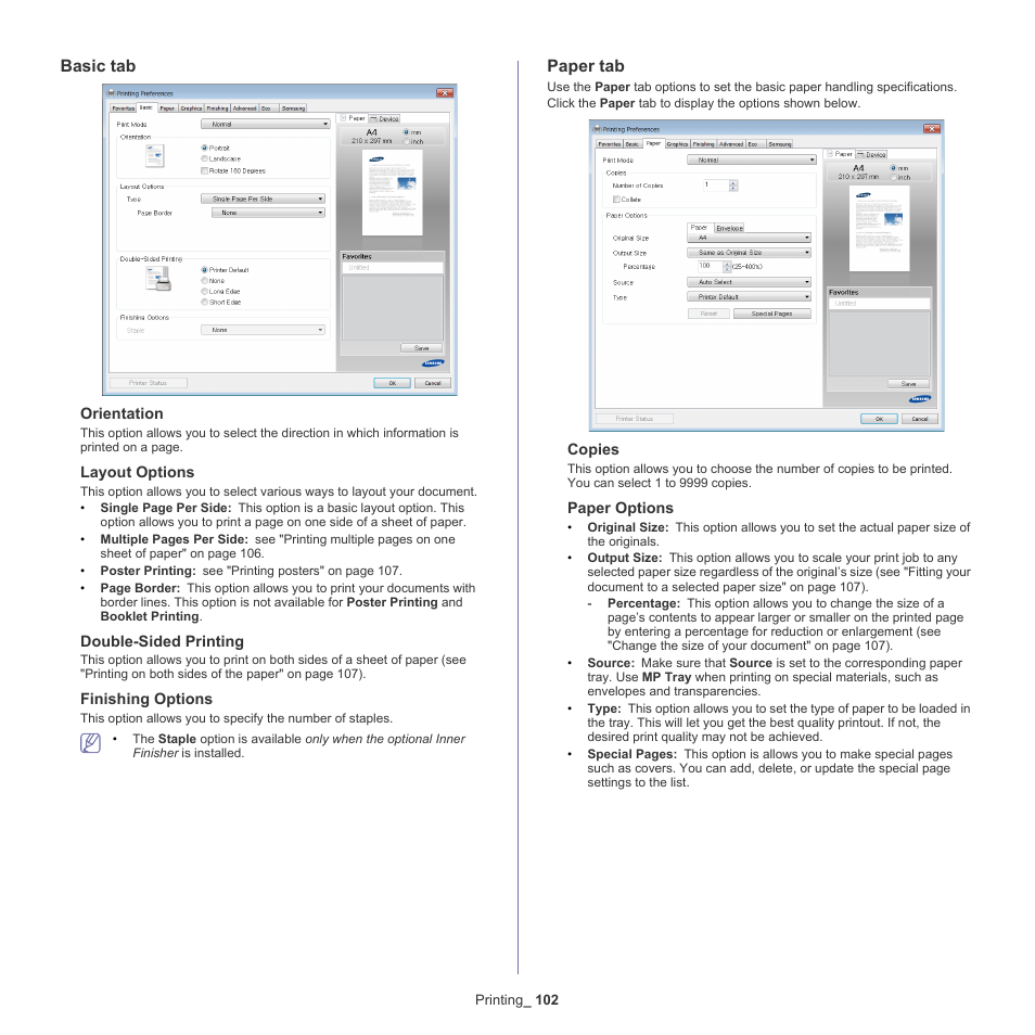 Basic tab, Paper tab | Samsung SCX-8128NA-XAA User Manual | Page 102 / 178