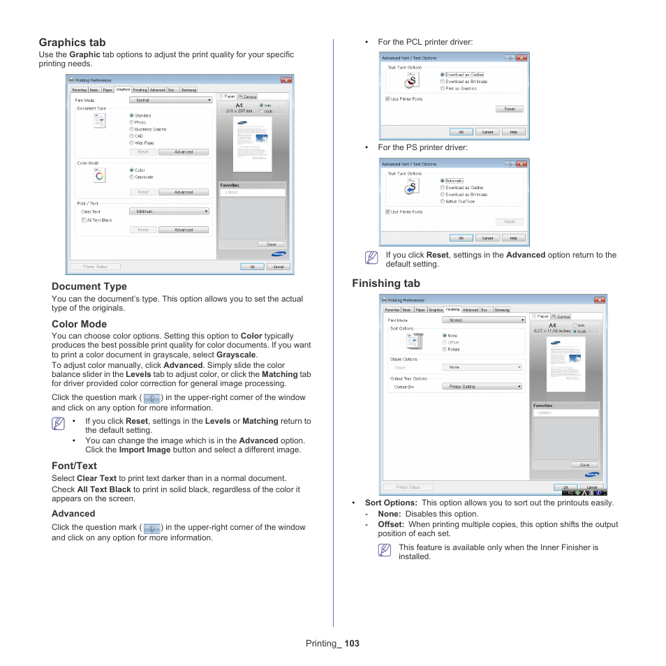 Graphics tab, Finishing tab | Samsung SCX-8128NA-XAA User Manual | Page 103 / 178