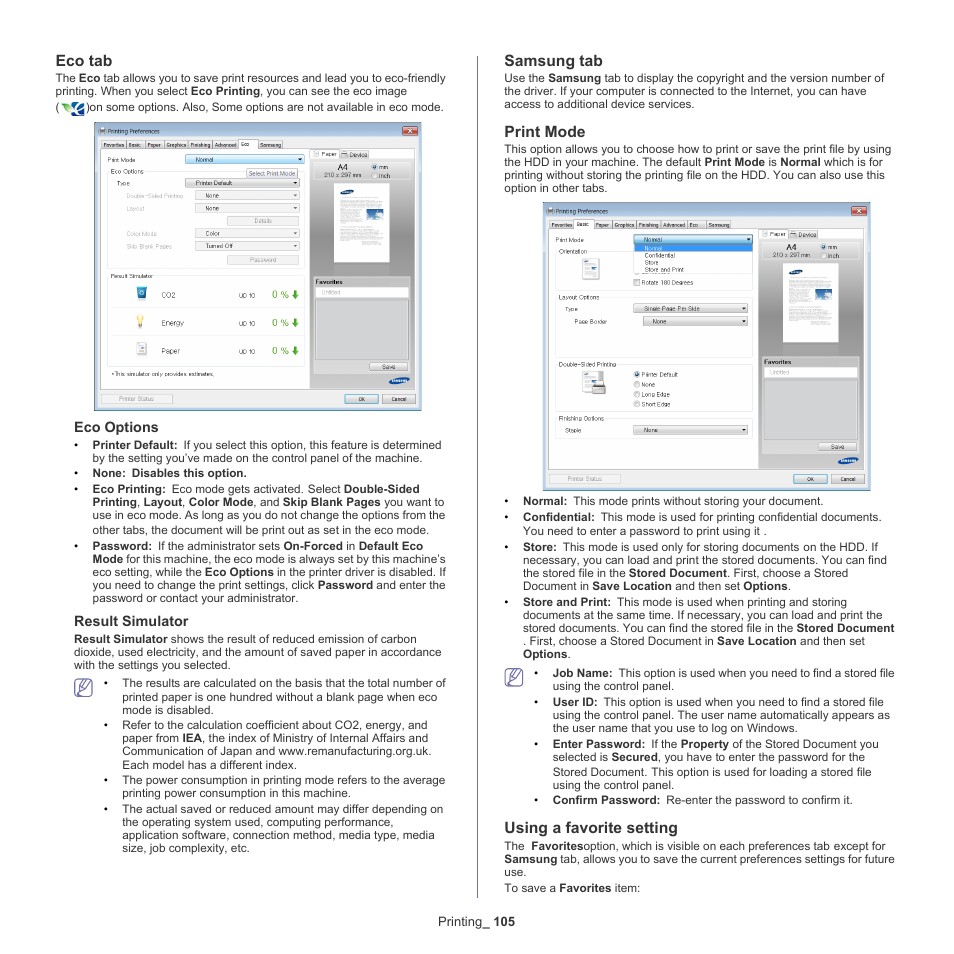 Eco tab, Samsung tab, Print mode | Using a favorite setting, Print | Samsung SCX-8128NA-XAA User Manual | Page 105 / 178