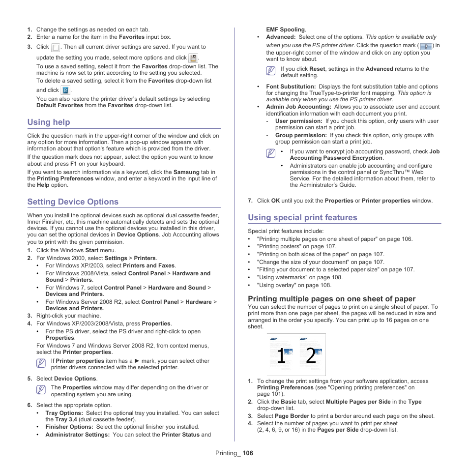 Using help, Setting device options, Using special print features | Printing multiple pages on one sheet of paper | Samsung SCX-8128NA-XAA User Manual | Page 106 / 178
