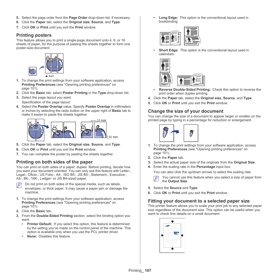 Printing posters, Printing on both sides of the paper, Change the size of your document | Fitting your document to a selected paper size, Printing on both sides of the, Fitting your | Samsung SCX-8128NA-XAA User Manual | Page 107 / 178