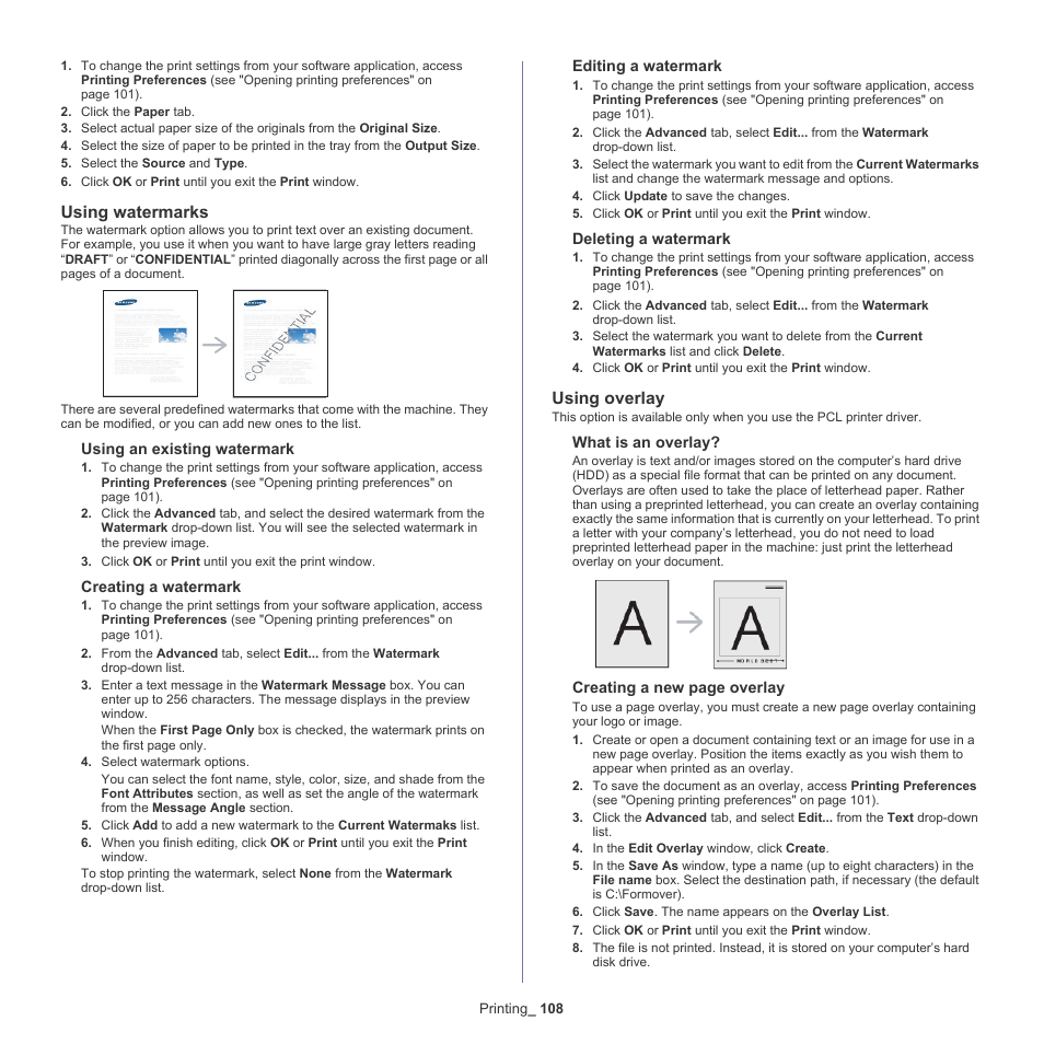 Using watermarks, Using overlay, See "using watermarks | Samsung SCX-8128NA-XAA User Manual | Page 108 / 178
