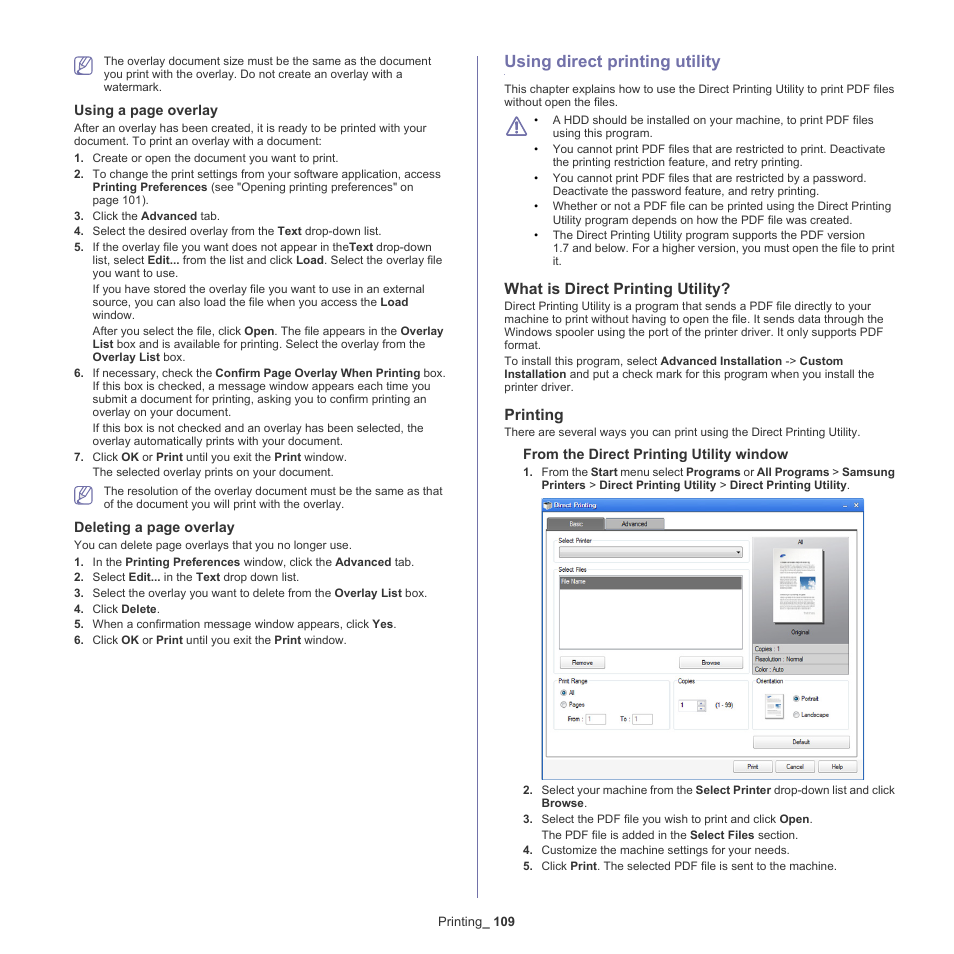 Using direct printing utility, What is direct printing utility, Printing | 109 using direct printing utility 109 | Samsung SCX-8128NA-XAA User Manual | Page 109 / 178