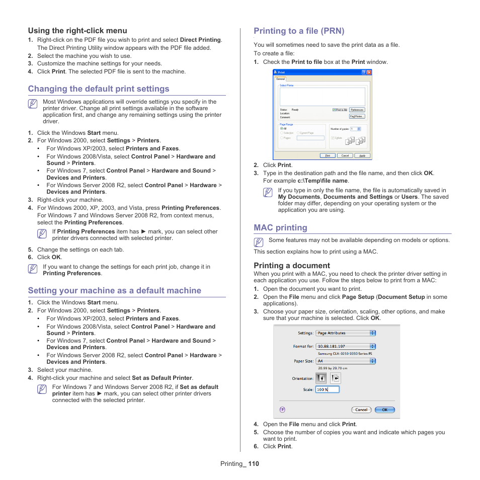 Using the right-click menu, Changing the default print settings, Setting your machine as a default machine | Printing to a file (prn), Mac printing, Printing a document, 110 mac printing 110 | Samsung SCX-8128NA-XAA User Manual | Page 110 / 178