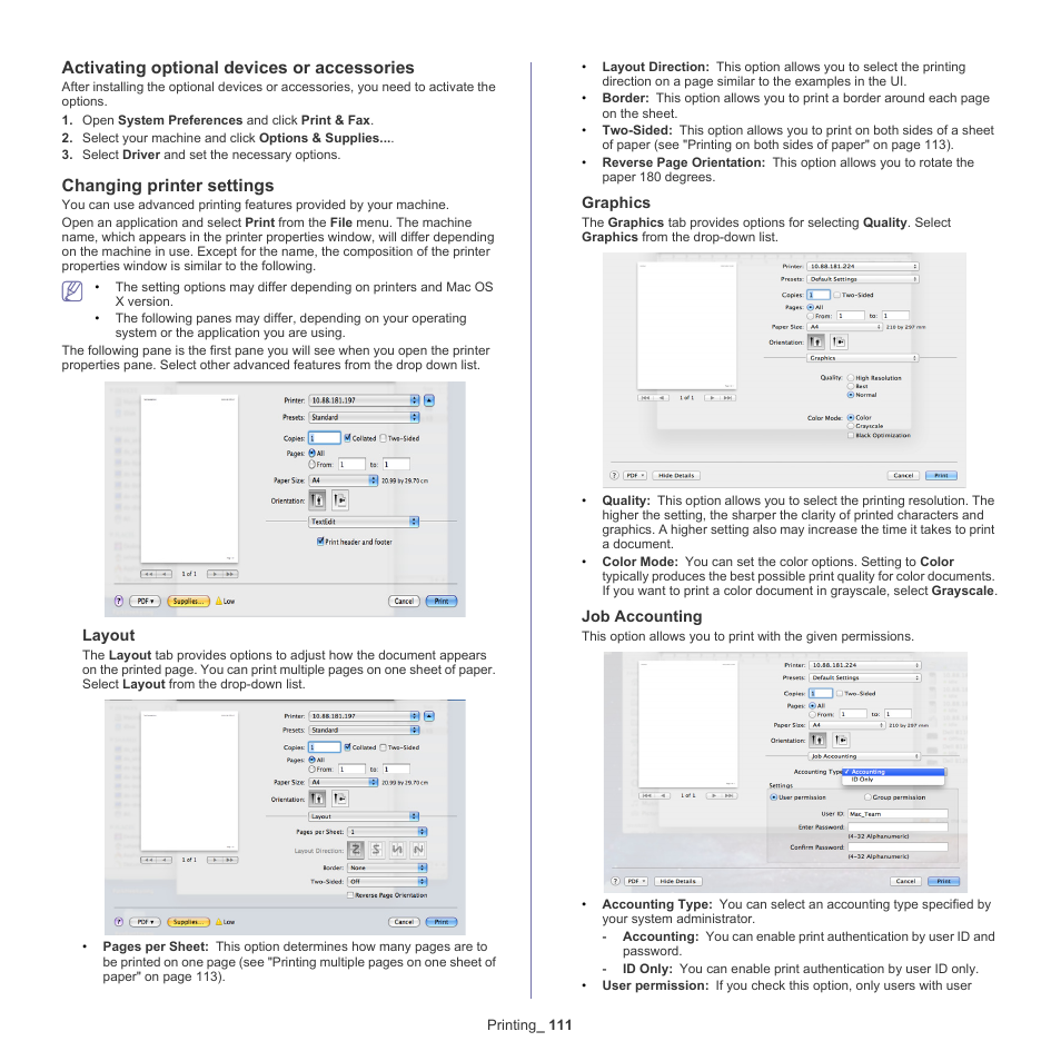 Activating optional devices or accessories, Changing printer settings | Samsung SCX-8128NA-XAA User Manual | Page 111 / 178