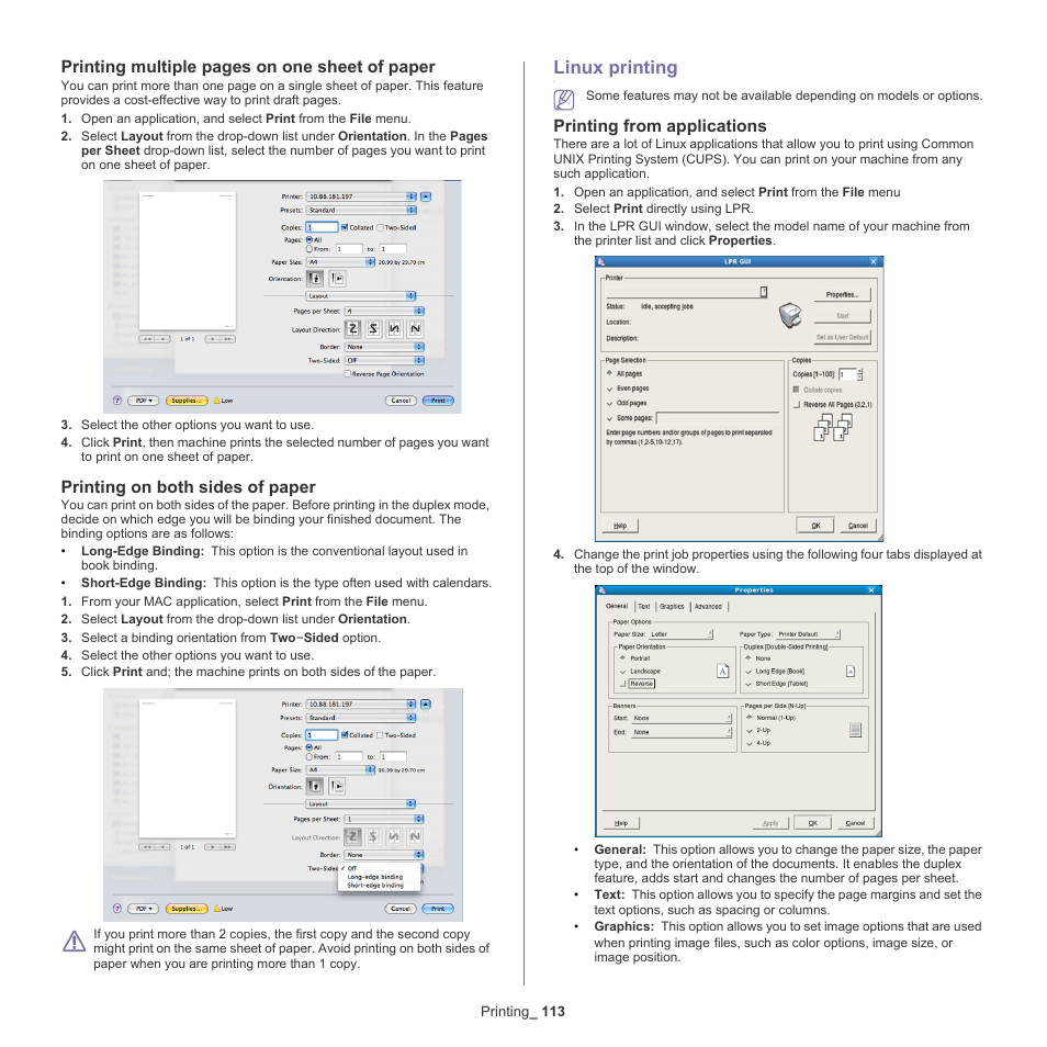 Printing on both sides of paper, Linux printing, Printing from applications | 113 linux printing 113, Printing multiple pages on one sheet of paper | Samsung SCX-8128NA-XAA User Manual | Page 113 / 178