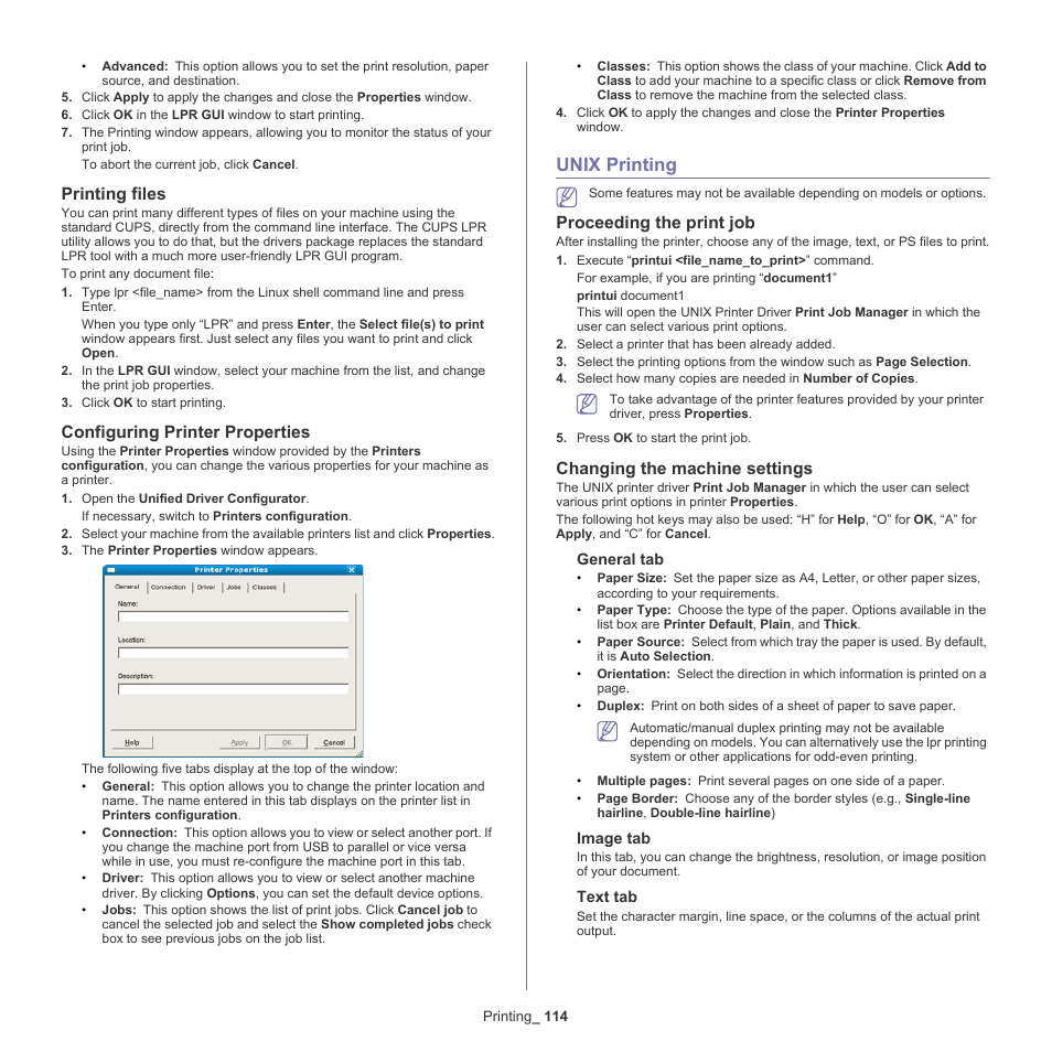 Printing files, Configuring printer properties, Unix printing | Proceeding the print job, Changing the machine settings, 114 unix printing 114 | Samsung SCX-8128NA-XAA User Manual | Page 114 / 178