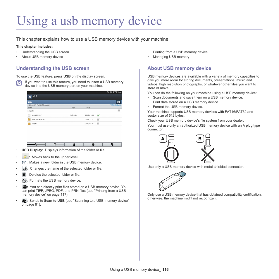Using a usb memory device, Understanding the usb screen, About usb memory device | Samsung SCX-8128NA-XAA User Manual | Page 116 / 178