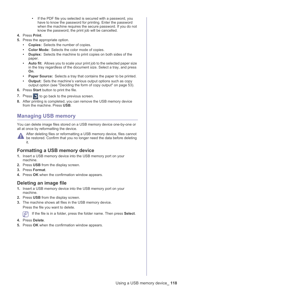 Managing usb memory, Formatting a usb memory device, Deleting an image file | 118 managing usb memory 118 | Samsung SCX-8128NA-XAA User Manual | Page 118 / 178