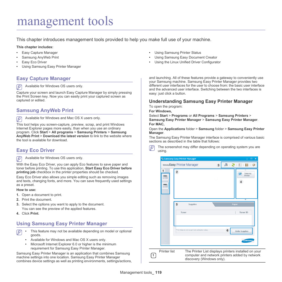 Management tools, Easy capture manager, Samsung anyweb print | Easy eco driver, Using samsung easy printer manager, Understanding samsung easy printer manager | Samsung SCX-8128NA-XAA User Manual | Page 119 / 178