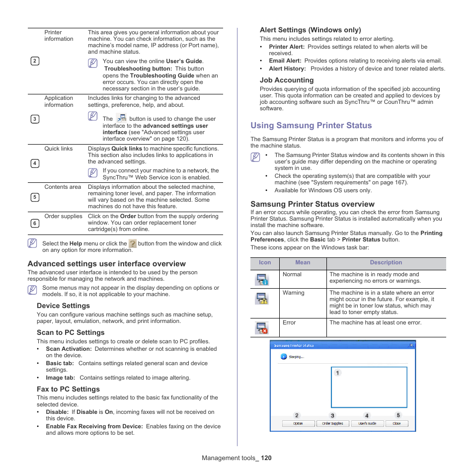 Advanced settings user interface overview, Using samsung printer status, Samsung printer status overview | 120 using samsung printer status 120, Device settings, Scan to pc settings, Fax to pc settings, Alert settings (windows only), Job accounting | Samsung SCX-8128NA-XAA User Manual | Page 120 / 178
