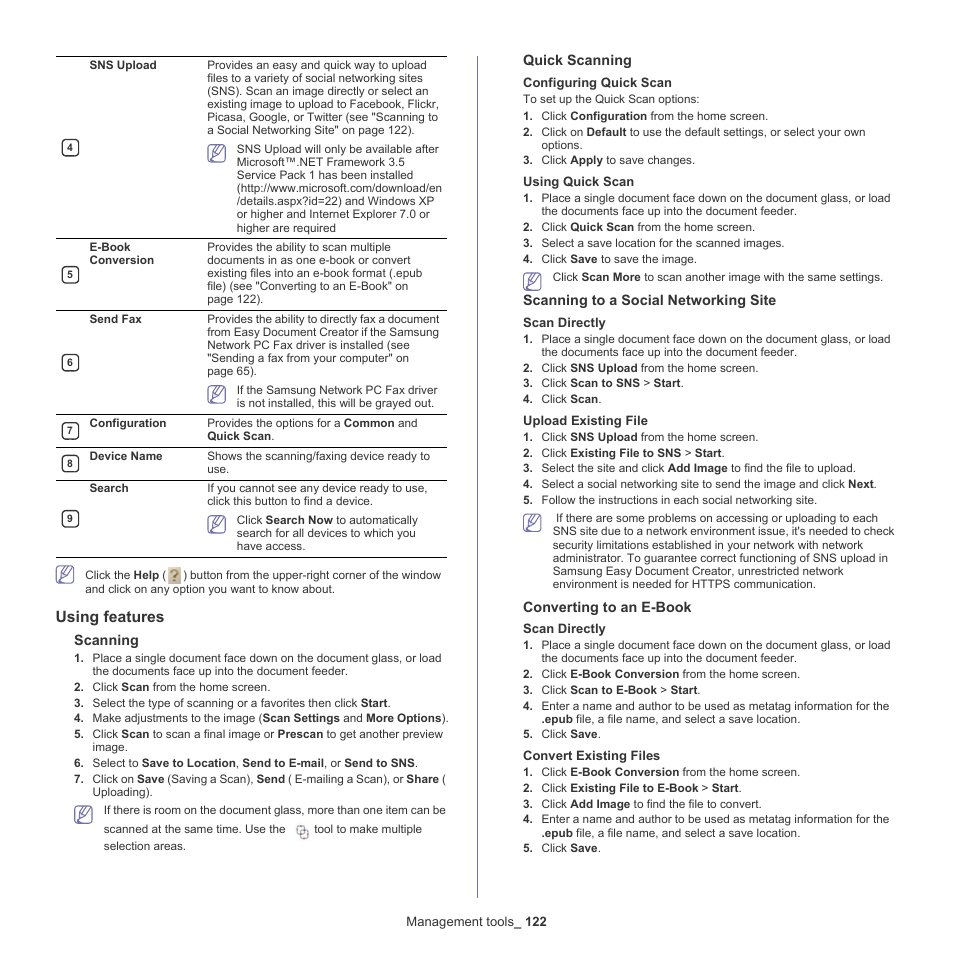 Using features, Scanning, Quick scanning | Scanning to a social networking site, Converting to an e-book | Samsung SCX-8128NA-XAA User Manual | Page 122 / 178