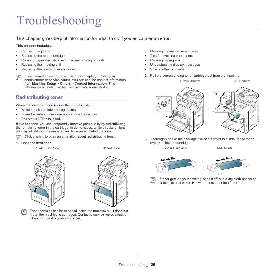 Troubleshooting, Redistributing toner, 125 redistributing toner | Samsung SCX-8128NA-XAA User Manual | Page 125 / 178