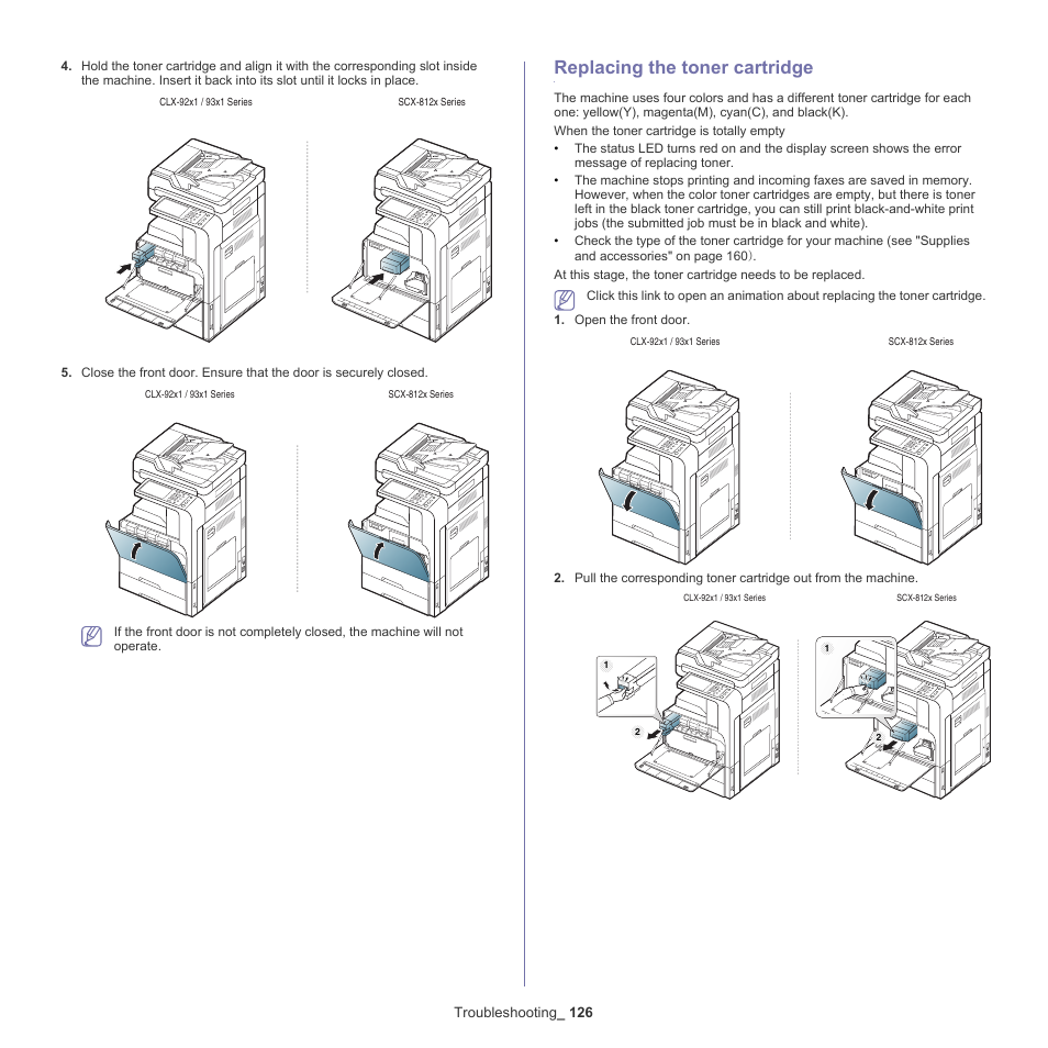 Replacing the toner cartridge, 126 replacing the toner cartridge | Samsung SCX-8128NA-XAA User Manual | Page 126 / 178