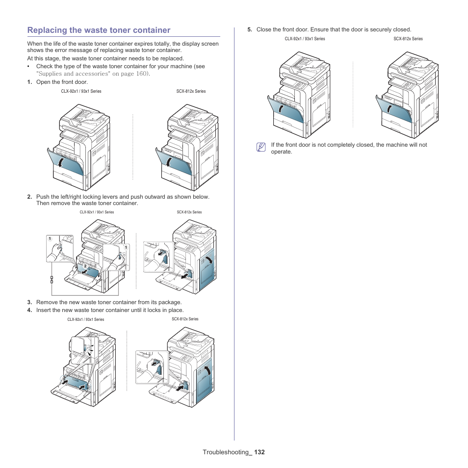 Replacing the waste toner container, 132 replacing the waste toner container, Replacing the waste toner | Samsung SCX-8128NA-XAA User Manual | Page 132 / 178