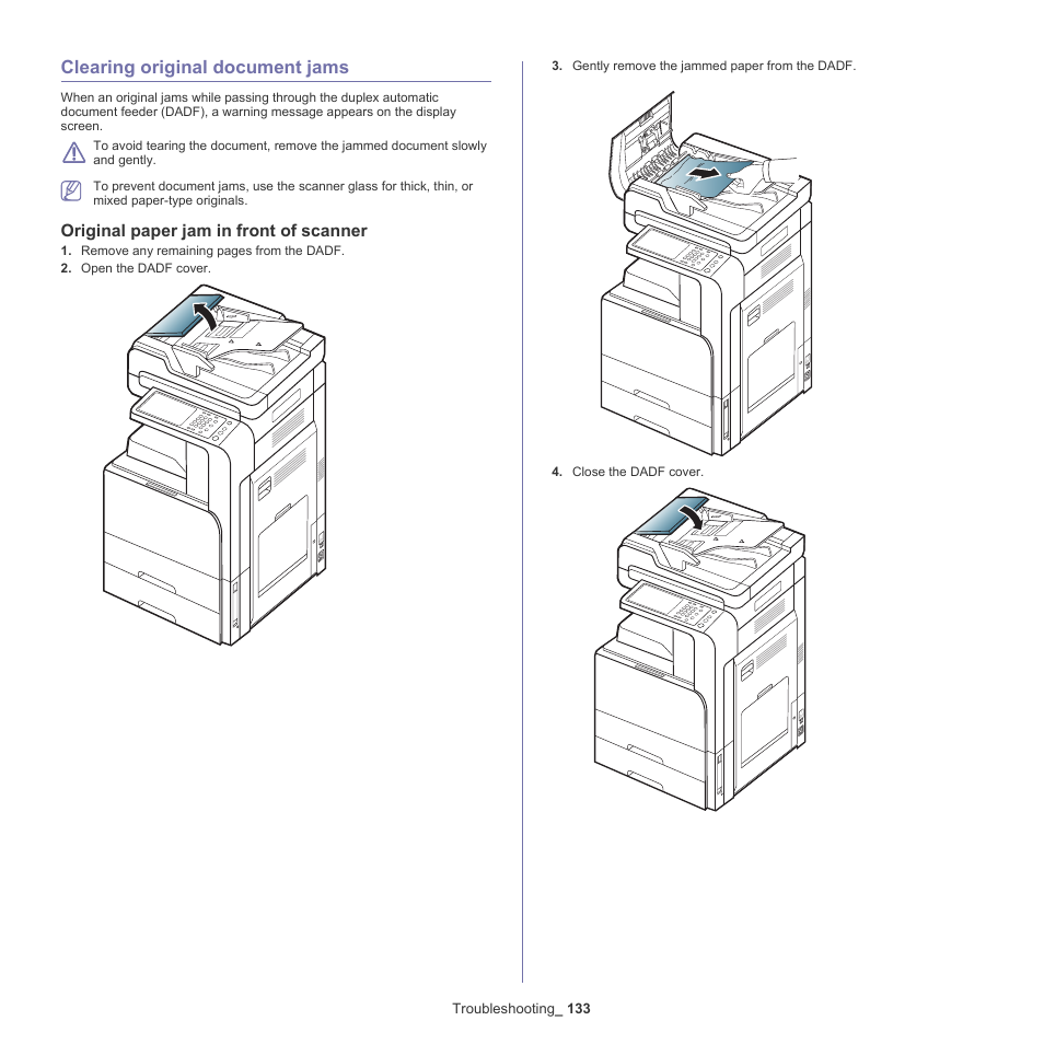 Clearing original document jams, Original paper jam in front of scanner, 133 clearing original document jams 133 | Samsung SCX-8128NA-XAA User Manual | Page 133 / 178