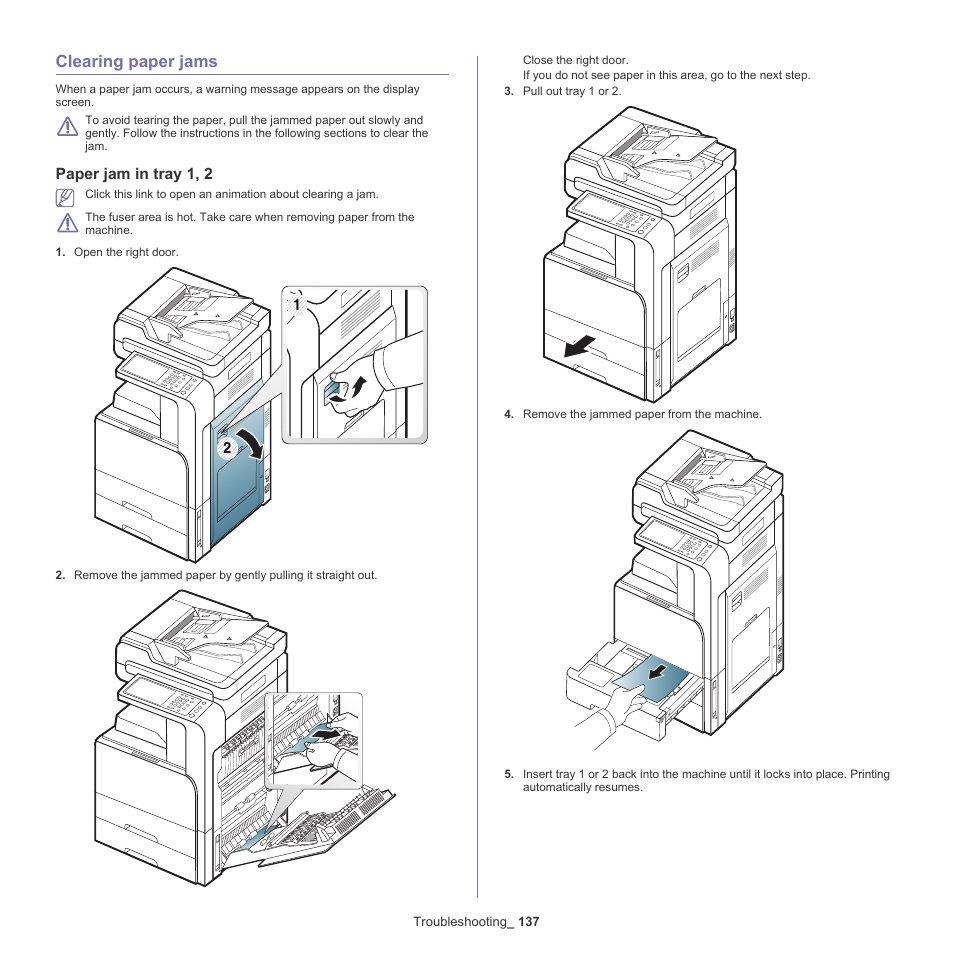 Clearing paper jams, Paper jam in tray 1, 2, 137 clearing paper jams 137 | Samsung SCX-8128NA-XAA User Manual | Page 137 / 178