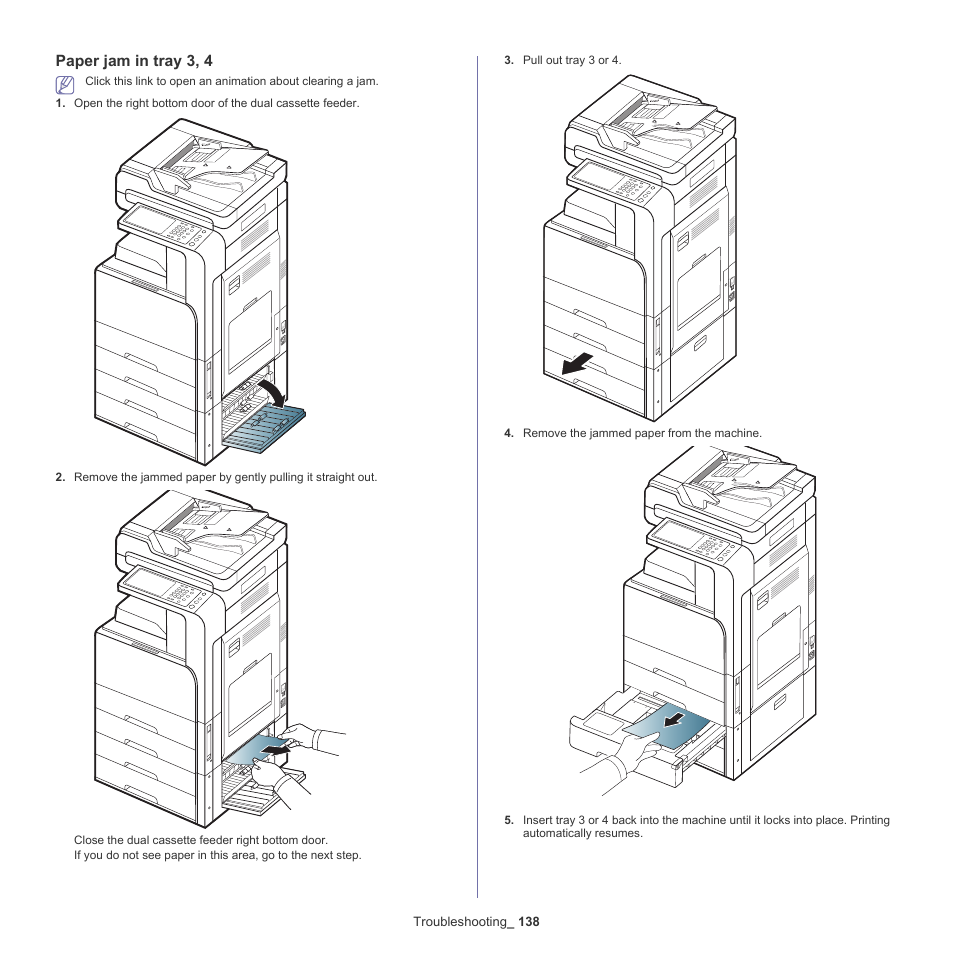 Paper jam in tray 3, 4 | Samsung SCX-8128NA-XAA User Manual | Page 138 / 178