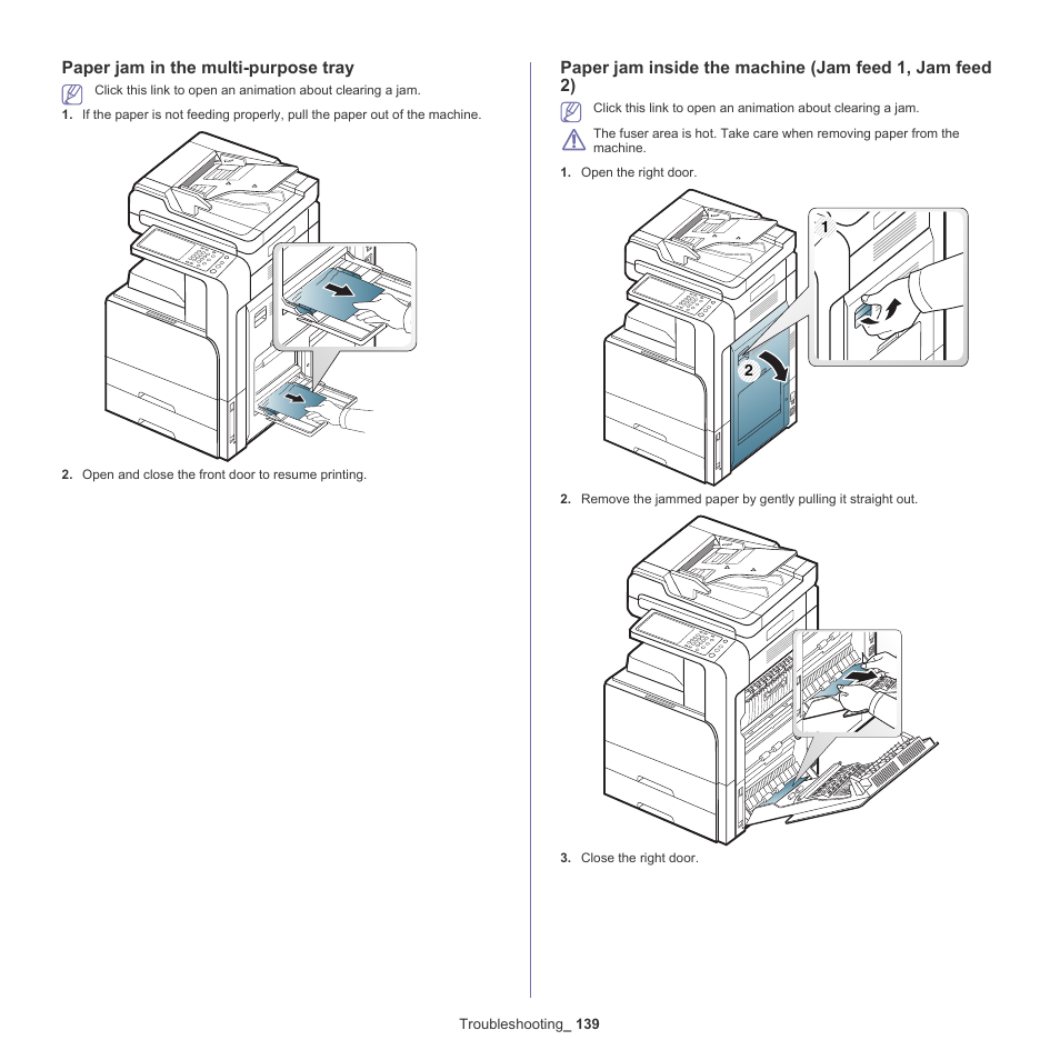 Paper jam in the multi-purpose tray | Samsung SCX-8128NA-XAA User Manual | Page 139 / 178
