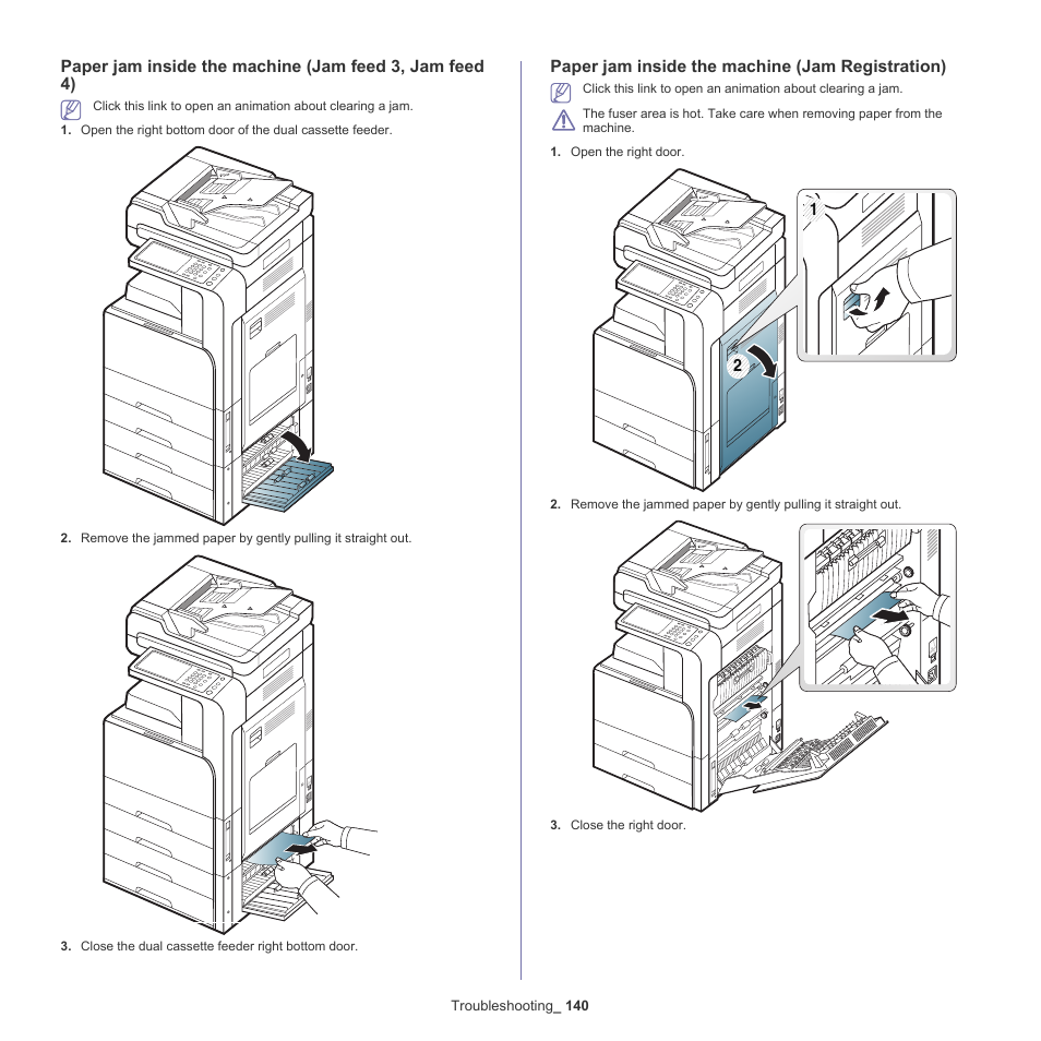 Paper jam inside the machine (jam registration) | Samsung SCX-8128NA-XAA User Manual | Page 140 / 178