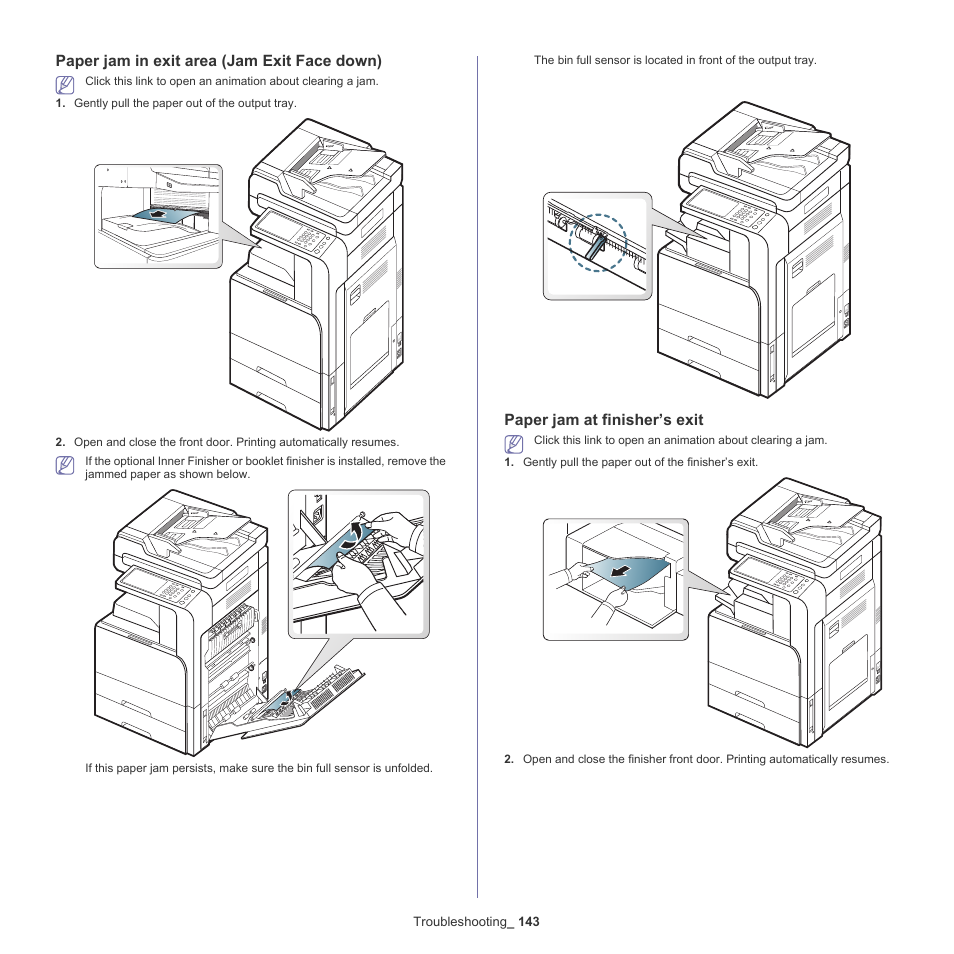 Paper jam in exit area (jam exit face down), Paper jam at finisher’s exit | Samsung SCX-8128NA-XAA User Manual | Page 143 / 178