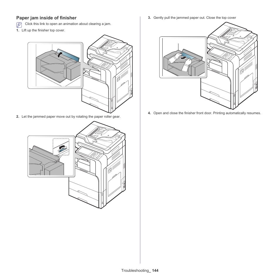 Paper jam inside of finisher | Samsung SCX-8128NA-XAA User Manual | Page 144 / 178