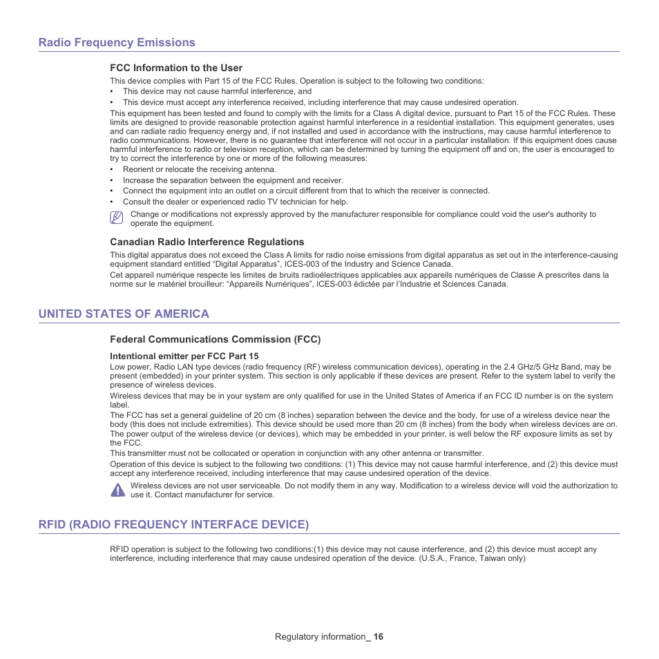 Radio frequency emissions, United states of america, Rfid (radio frequency interface device) | Samsung SCX-8128NA-XAA User Manual | Page 16 / 178