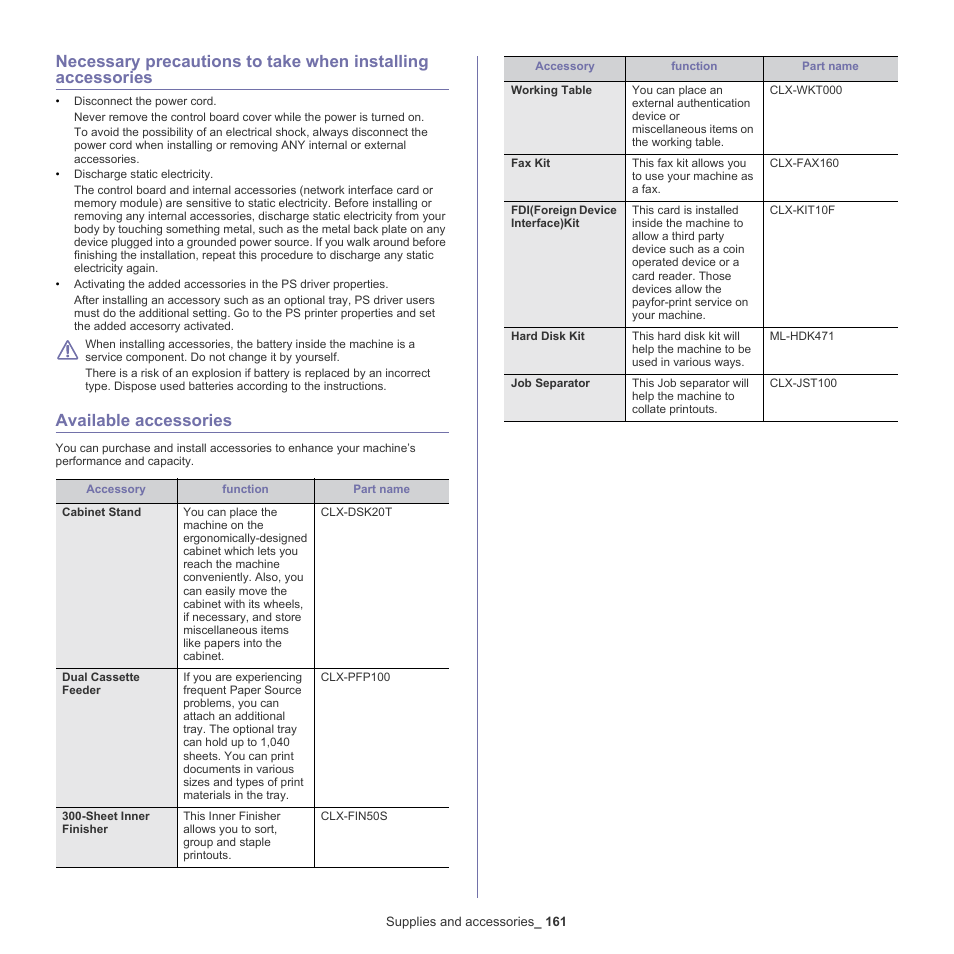 Available accessories | Samsung SCX-8128NA-XAA User Manual | Page 161 / 178