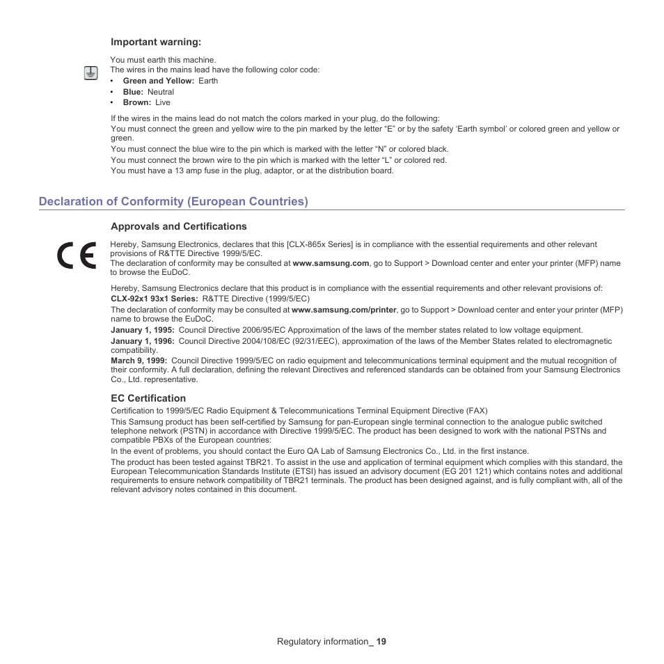 Declaration of conformity (european countries) | Samsung SCX-8128NA-XAA User Manual | Page 19 / 178