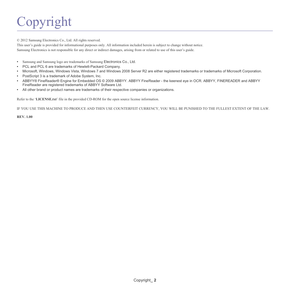 Copyright | Samsung SCX-8128NA-XAA User Manual | Page 2 / 178