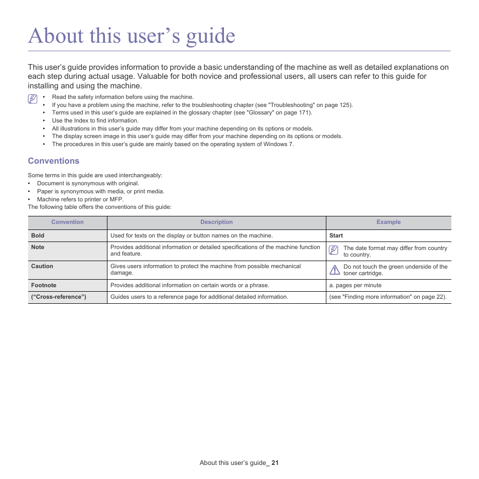About this user’s guide, 21 about this user’s guide, Conventions | Samsung SCX-8128NA-XAA User Manual | Page 21 / 178