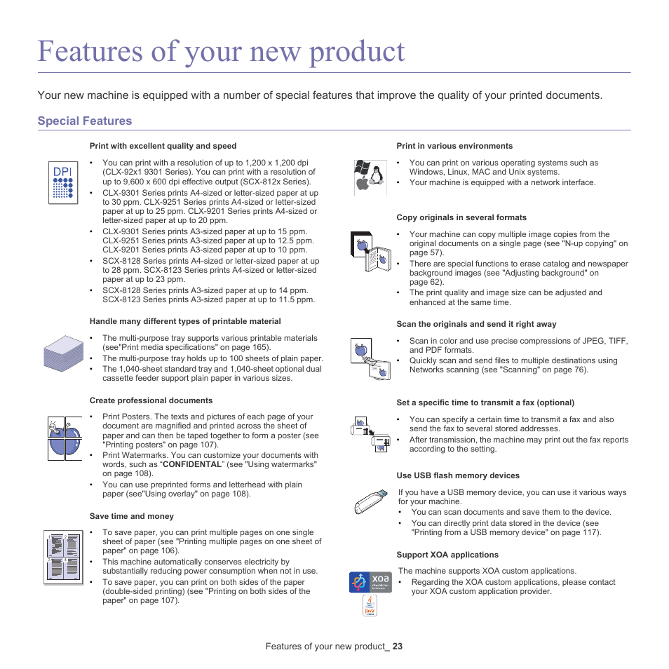 Features of your new product, 23 features of your new product, Special features | Samsung SCX-8128NA-XAA User Manual | Page 23 / 178
