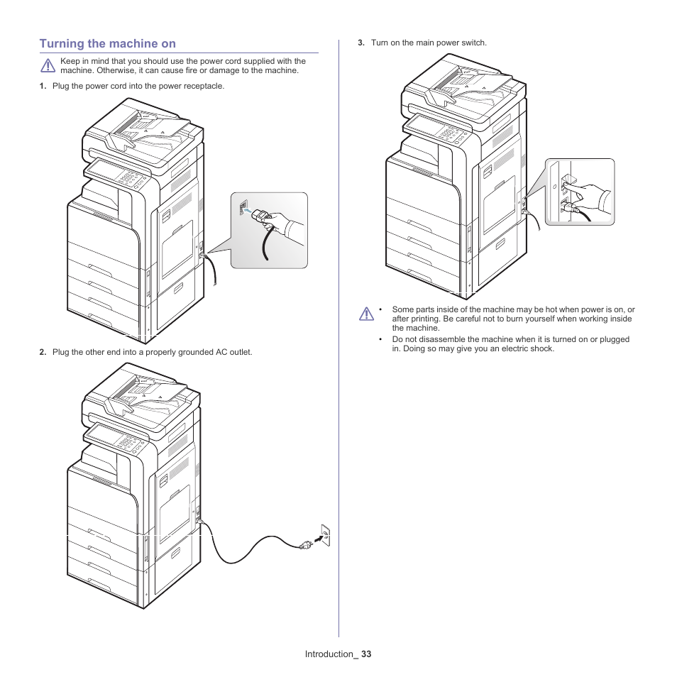 Turning the machine on, 33 turning the machine on | Samsung SCX-8128NA-XAA User Manual | Page 33 / 178