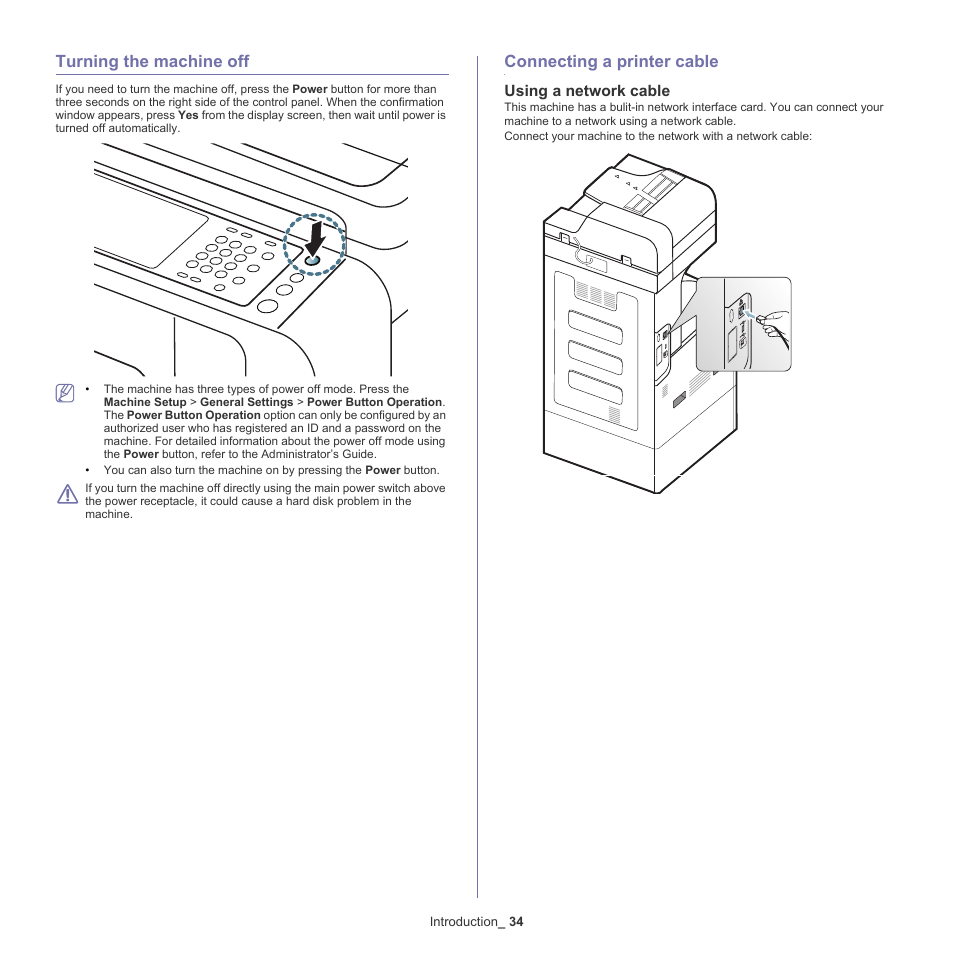 Turning the machine off, Connecting a printer cable, Using a network cable | Samsung SCX-8128NA-XAA User Manual | Page 34 / 178