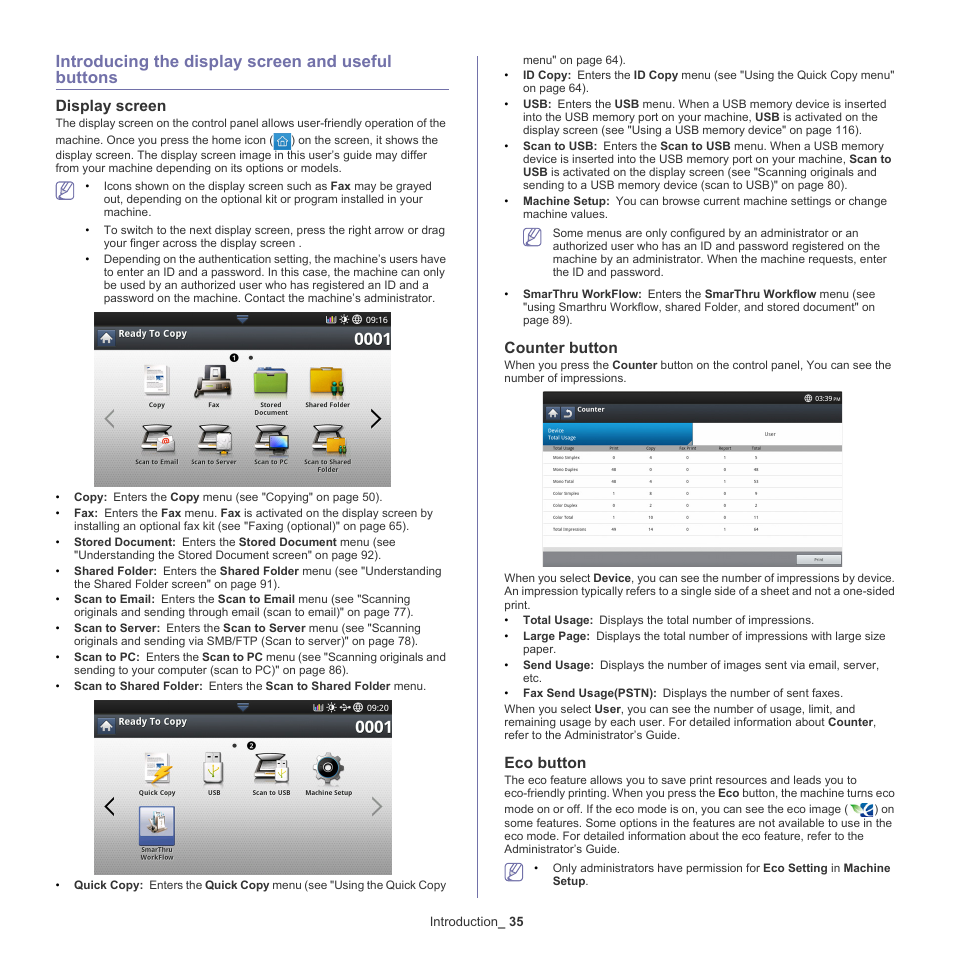 Introducing the display screen and useful buttons, Display screen, Counter button | Eco button | Samsung SCX-8128NA-XAA User Manual | Page 35 / 178