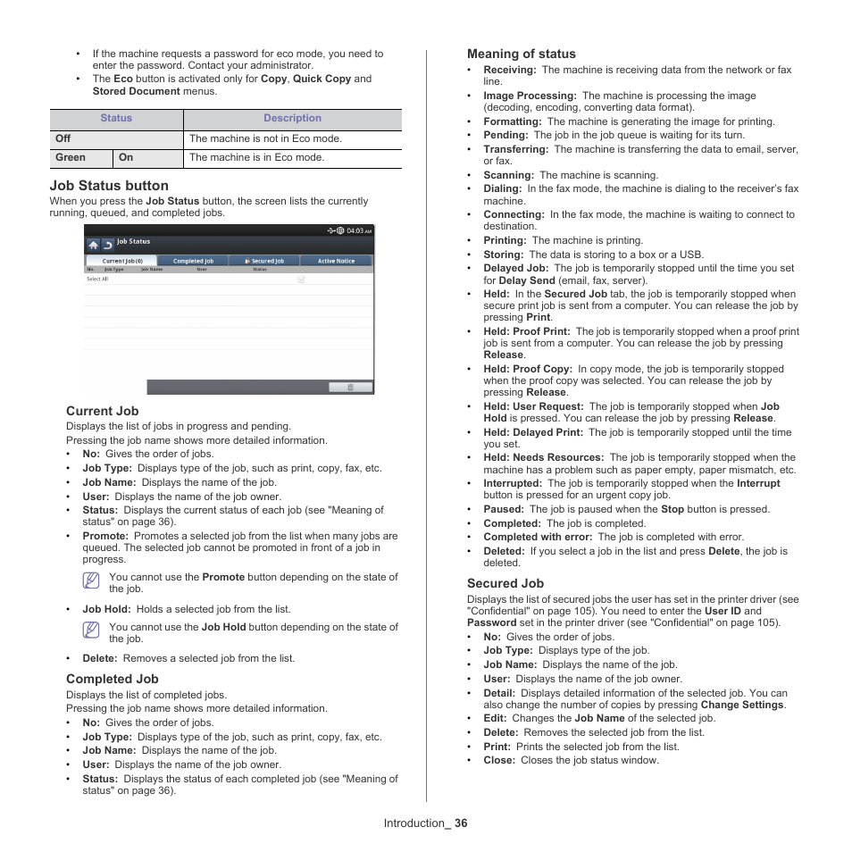 Job status button | Samsung SCX-8128NA-XAA User Manual | Page 36 / 178