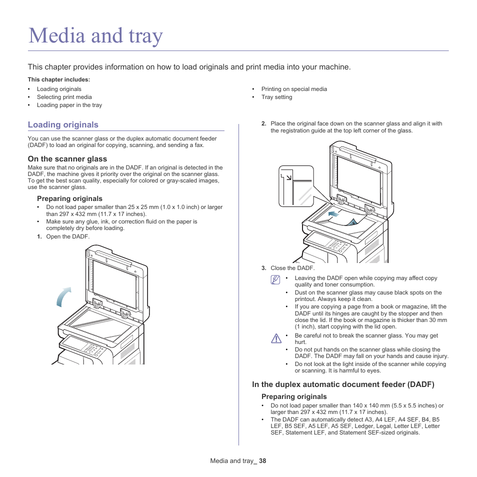 Media and tray, Loading originals, On the scanner glass | In the duplex automatic document feeder (dadf), 38 loading originals | Samsung SCX-8128NA-XAA User Manual | Page 38 / 178