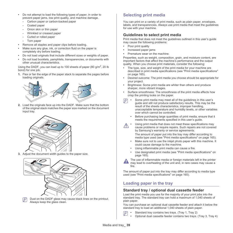 Selecting print media, Guidelines to select print media, Loading paper in the tray | Standard tray / optional dual cassette feeder, 39 selecting print media, 39 loading paper in the tray | Samsung SCX-8128NA-XAA User Manual | Page 39 / 178