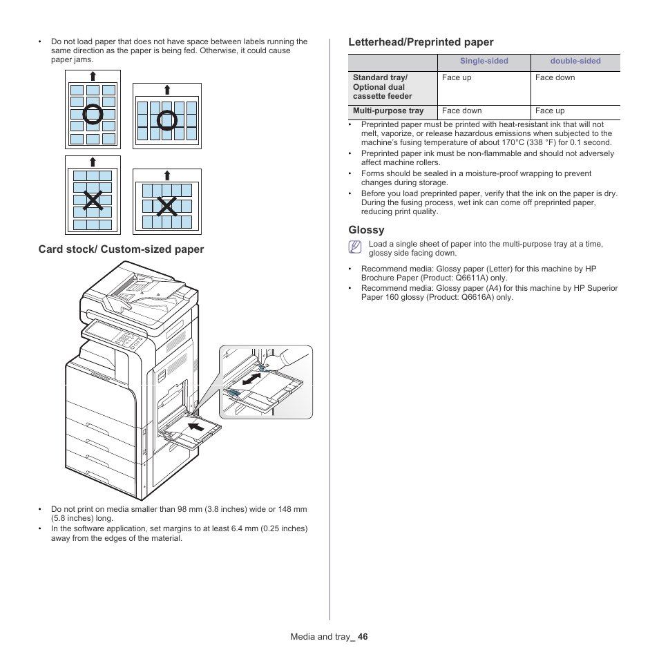 Card stock/ custom-sized paper, Letterhead/preprinted paper, Glossy | Samsung SCX-8128NA-XAA User Manual | Page 46 / 178