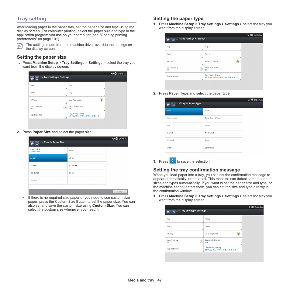 Tray setting, Setting the paper size, Setting the paper type | Setting the tray confirmation message, 47 tray setting, Setting the tray | Samsung SCX-8128NA-XAA User Manual | Page 47 / 178