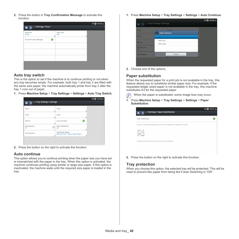 Auto tray switch, Auto continue, Paper substitution | Tray protection | Samsung SCX-8128NA-XAA User Manual | Page 48 / 178